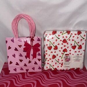 Pink Heart Gift Bags Set of 6 & 32 count Cherry Hearts Lunch Napkins